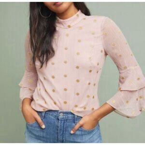 Hutch Anthropologie NWT $148 Women's Philippa Gold Polka Dot Ruffle Top‎ Pink L